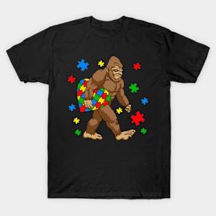 Bigfoot Sasquatch Carrying Puzzle Autism Awareness T-Shirt